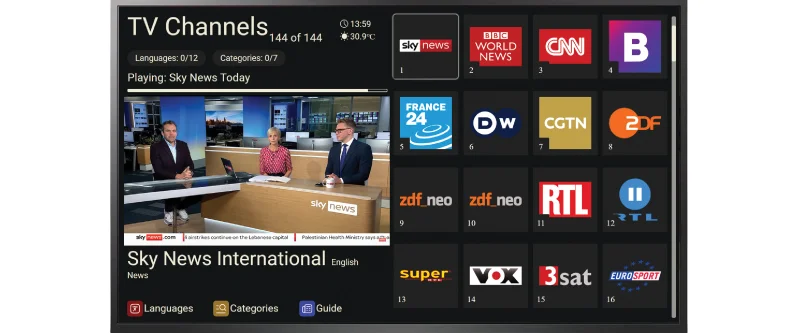 Οθόνη IPTV στο δωμάτιο ξενοδοχείου με λίστα τηλεοπτικών καναλιών, περιλαμβάνοντας Sky News, BBC, CNN και άλλους διεθνείς ειδησεογραφικούς σταθμούς με ζωντανή μετάδοση.