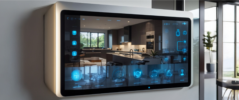 Επιτοίχιο touch panel έξυπνης κατοικίας με διεπαφή αυτοματισμών KNX και BMS για έλεγχο φωτισμού, HVAC και διαχείριση ενέργειας.